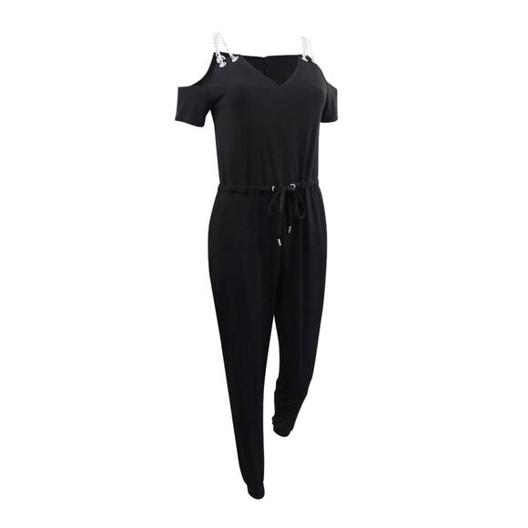 MICHAEL Michael Kors Women's Chain Cold-Shoulder Jumpsuit (S, Black) - Picture 1 of 3